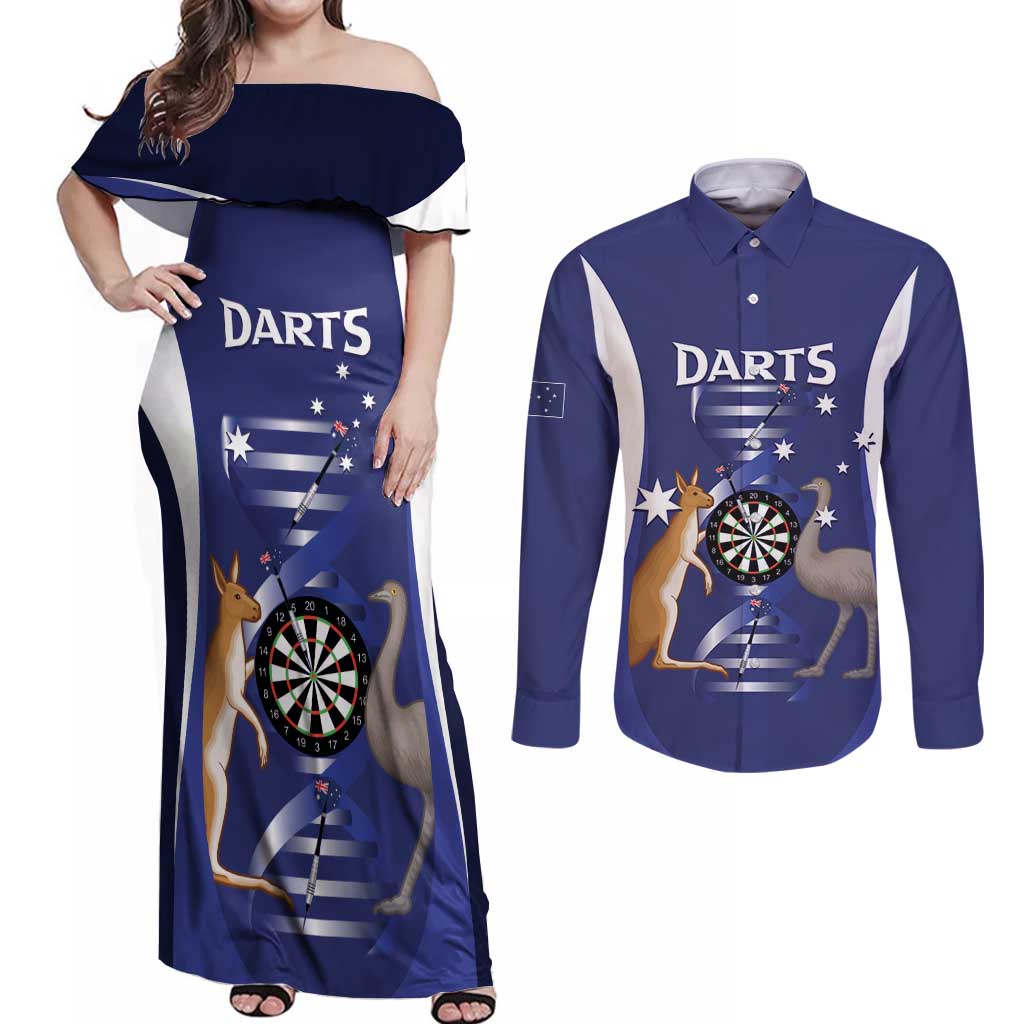 Personalised Australia Darts Couples Matching Off Shoulder Maxi Dress and Long Sleeve Button Shirt Aussie Its In My DNA Flag Color - Aussie Hoodie