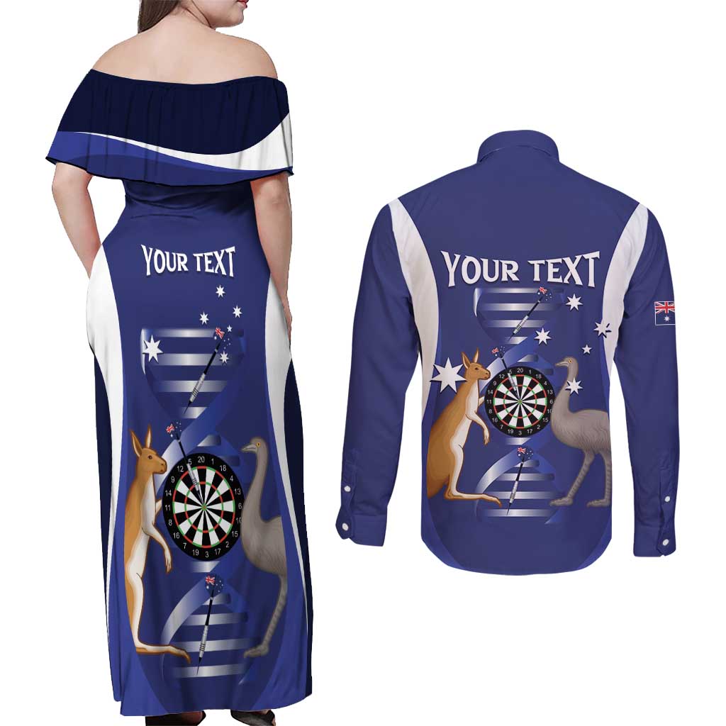 Personalised Australia Darts Couples Matching Off Shoulder Maxi Dress and Long Sleeve Button Shirt Aussie Its In My DNA Flag Color - Aussie Hoodie