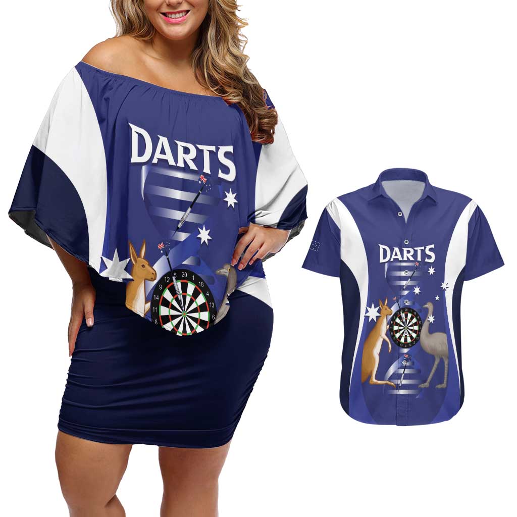 Personalised Australia Darts Couples Matching Off Shoulder Short Dress and Hawaiian Shirt Aussie Its In My DNA Flag Color - Aussie Hoodie