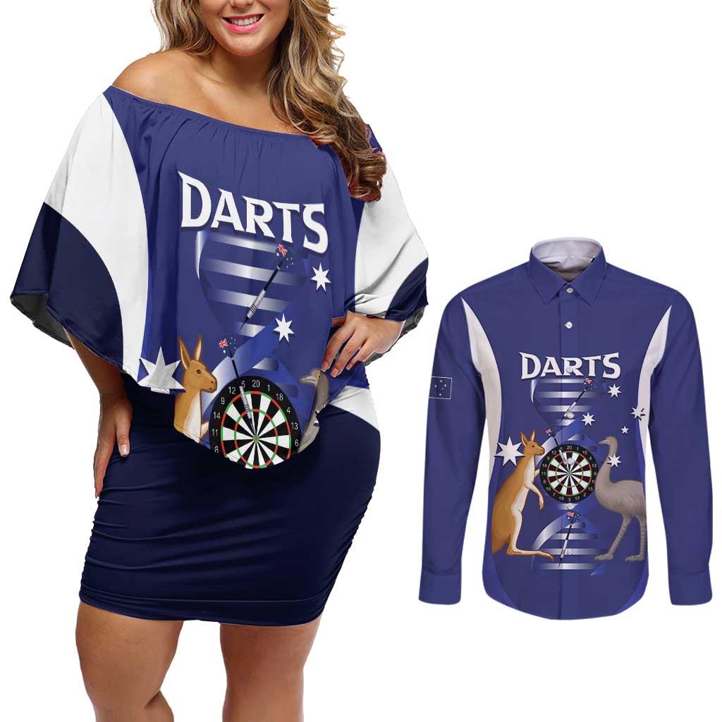 Personalised Australia Darts Couples Matching Off Shoulder Short Dress and Long Sleeve Button Shirt Aussie Its In My DNA Flag Color - Aussie Hoodie
