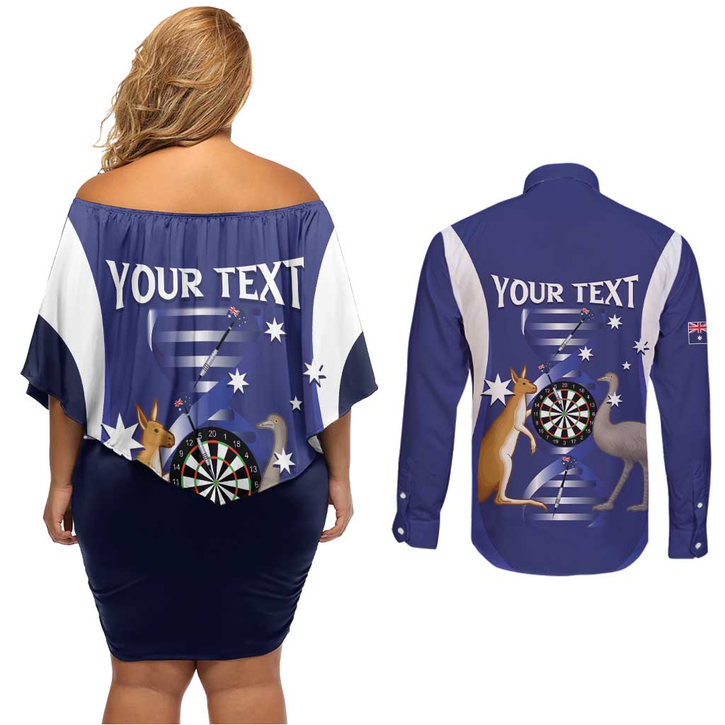 Personalised Australia Darts Couples Matching Off Shoulder Short Dress and Long Sleeve Button Shirt Aussie Its In My DNA Flag Color - Aussie Hoodie