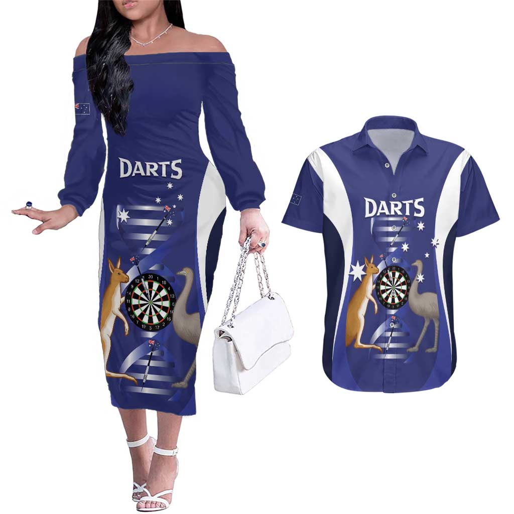 Personalised Australia Darts Couples Matching Off The Shoulder Long Sleeve Dress and Hawaiian Shirt Aussie Its In My DNA Flag Color - Aussie Hoodie