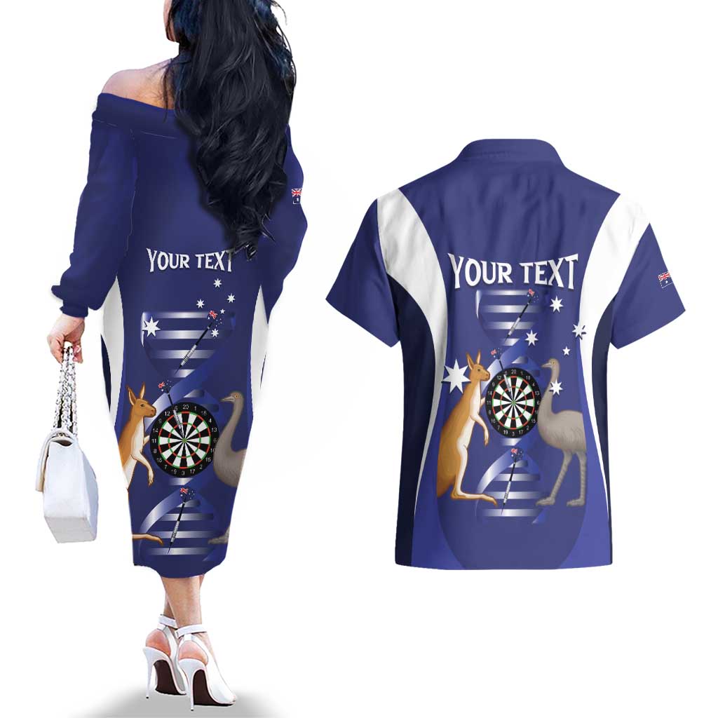 Personalised Australia Darts Couples Matching Off The Shoulder Long Sleeve Dress and Hawaiian Shirt Aussie Its In My DNA Flag Color - Aussie Hoodie