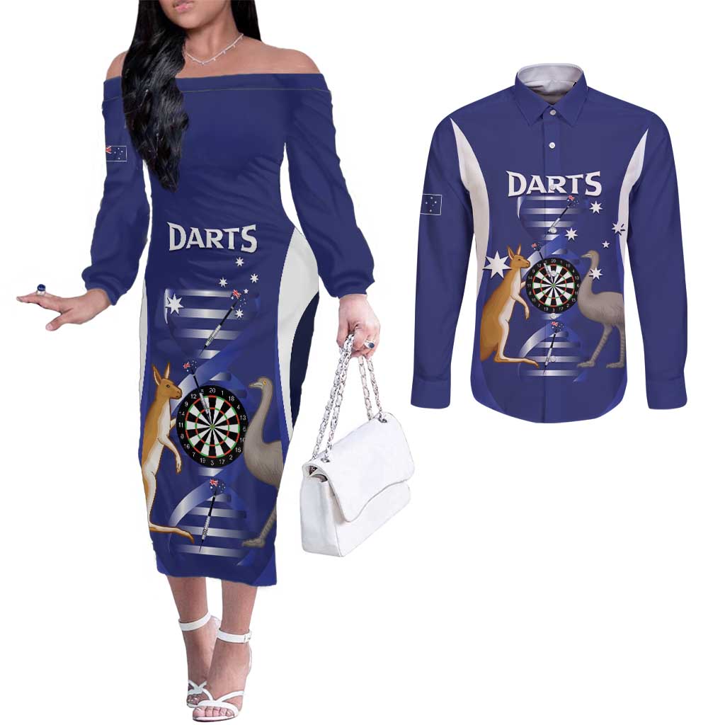 Personalised Australia Darts Couples Matching Off The Shoulder Long Sleeve Dress and Long Sleeve Button Shirt Aussie Its In My DNA Flag Color - Aussie Hoodie