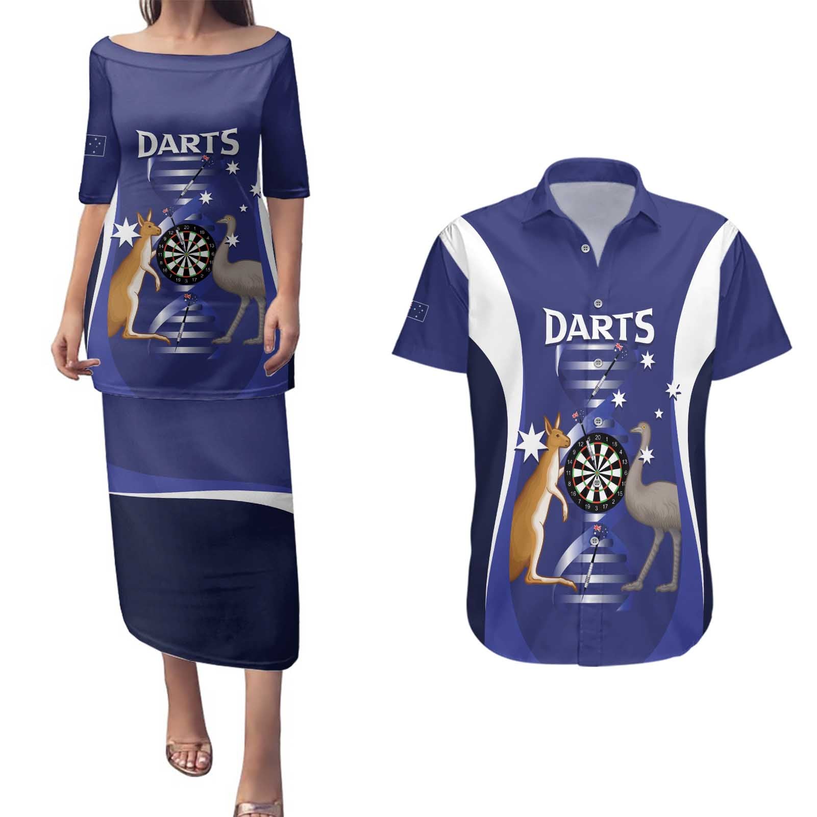 Personalised Australia Darts Couples Matching Puletasi and Hawaiian Shirt Aussie Its In My DNA Flag Color - Aussie Hoodie