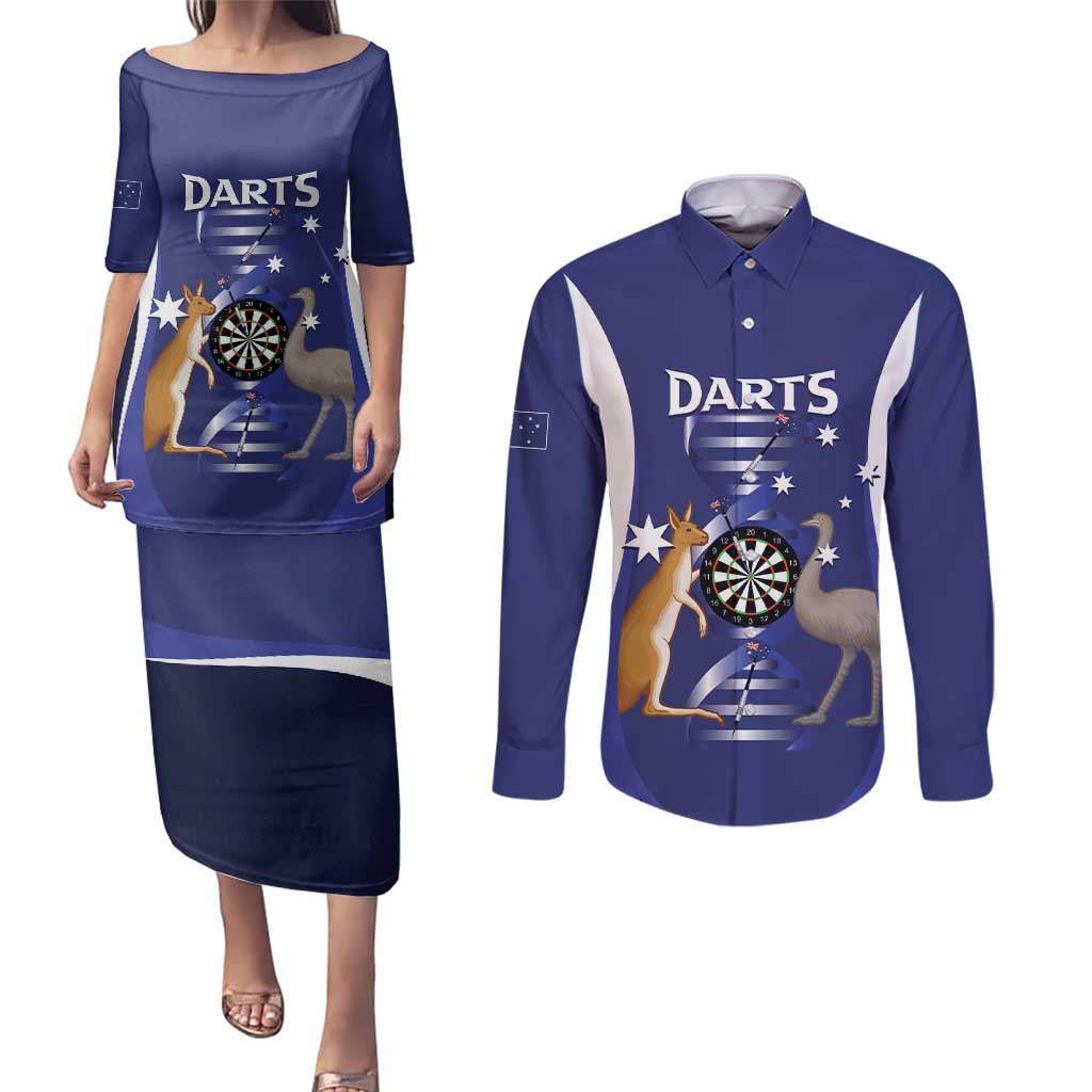 Personalised Australia Darts Couples Matching Puletasi and Long Sleeve Button Shirt Aussie Its In My DNA Flag Color - Aussie Hoodie