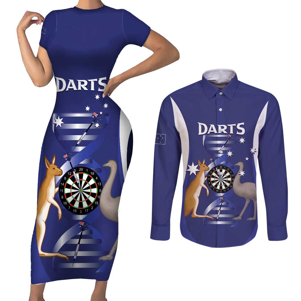 Personalised Australia Darts Couples Matching Short Sleeve Bodycon Dress and Long Sleeve Button Shirt Aussie Its In My DNA Flag Color - Aussie Hoodie