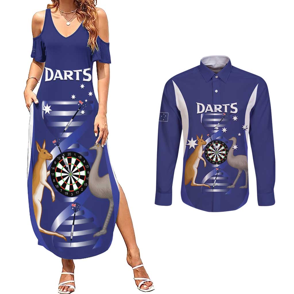 Personalised Australia Darts Couples Matching Summer Maxi Dress and Long Sleeve Button Shirt Aussie Its In My DNA Flag Color - Aussie Hoodie