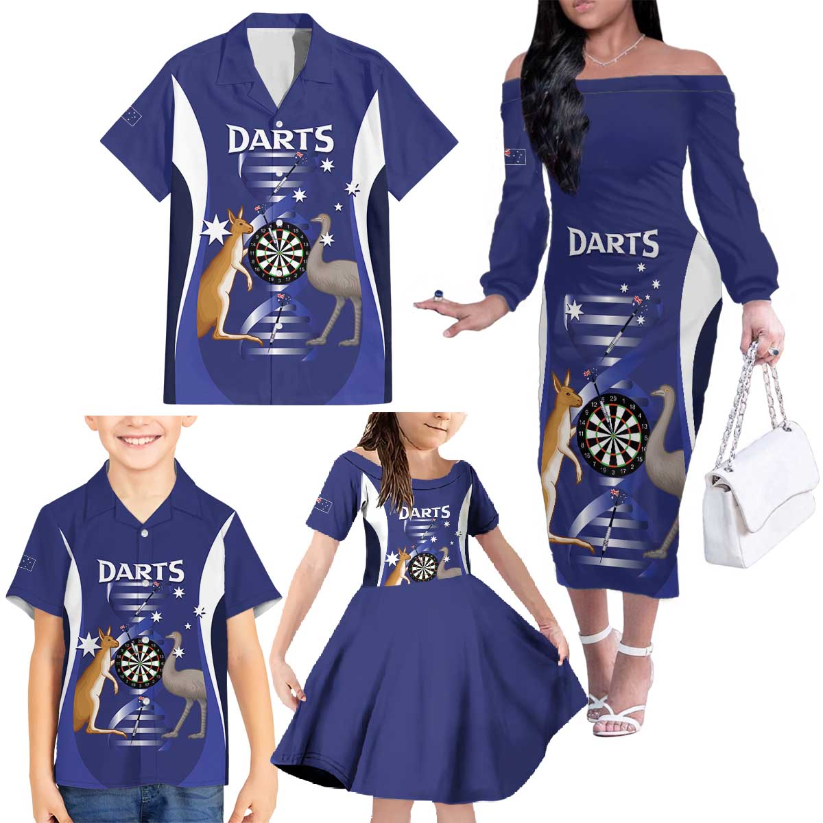 Personalised Australia Darts Family Matching Off The Shoulder Long Sleeve Dress and Hawaiian Shirt Aussie Its In My DNA Flag Color - Aussie Hoodie