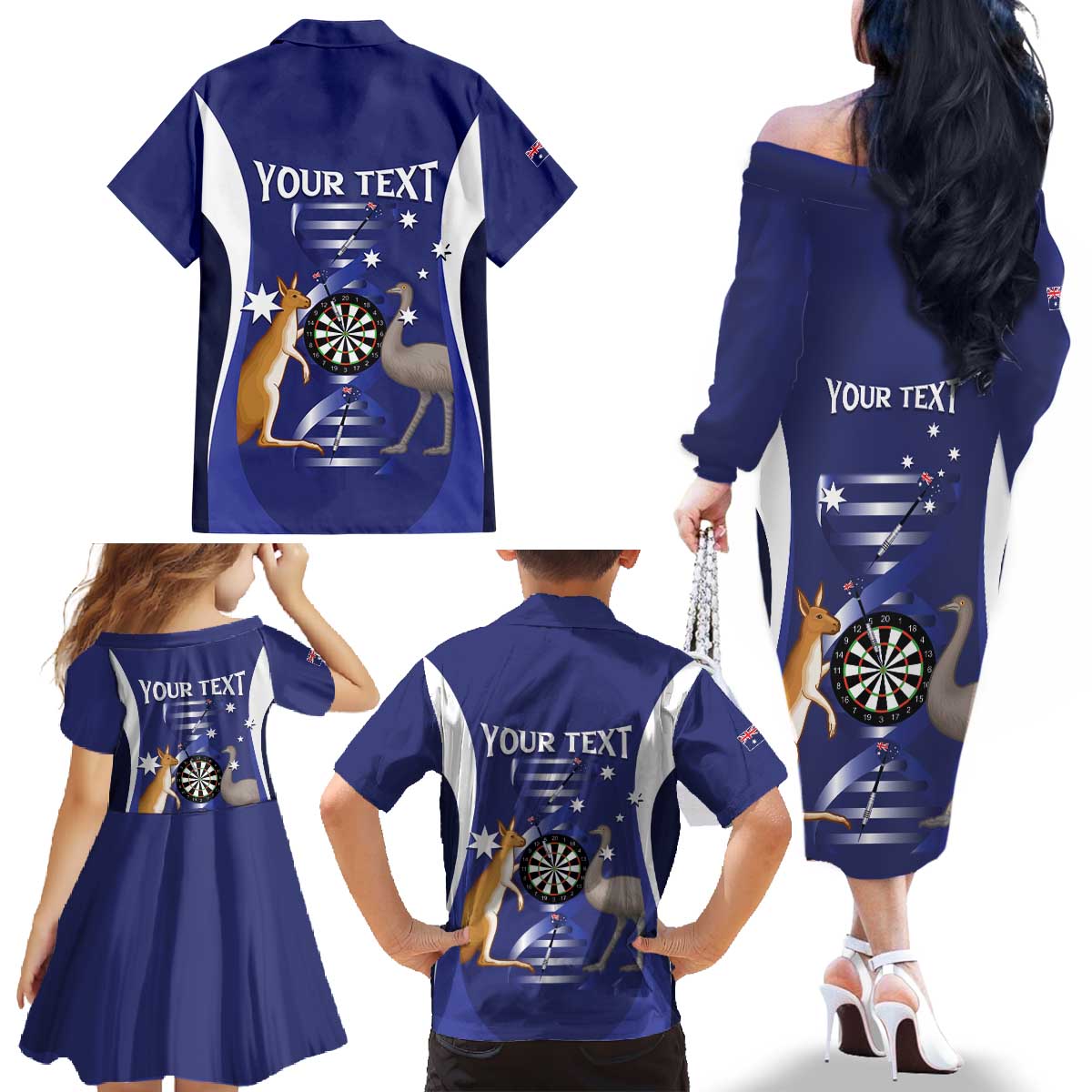 Personalised Australia Darts Family Matching Off The Shoulder Long Sleeve Dress and Hawaiian Shirt Aussie Its In My DNA Flag Color - Aussie Hoodie