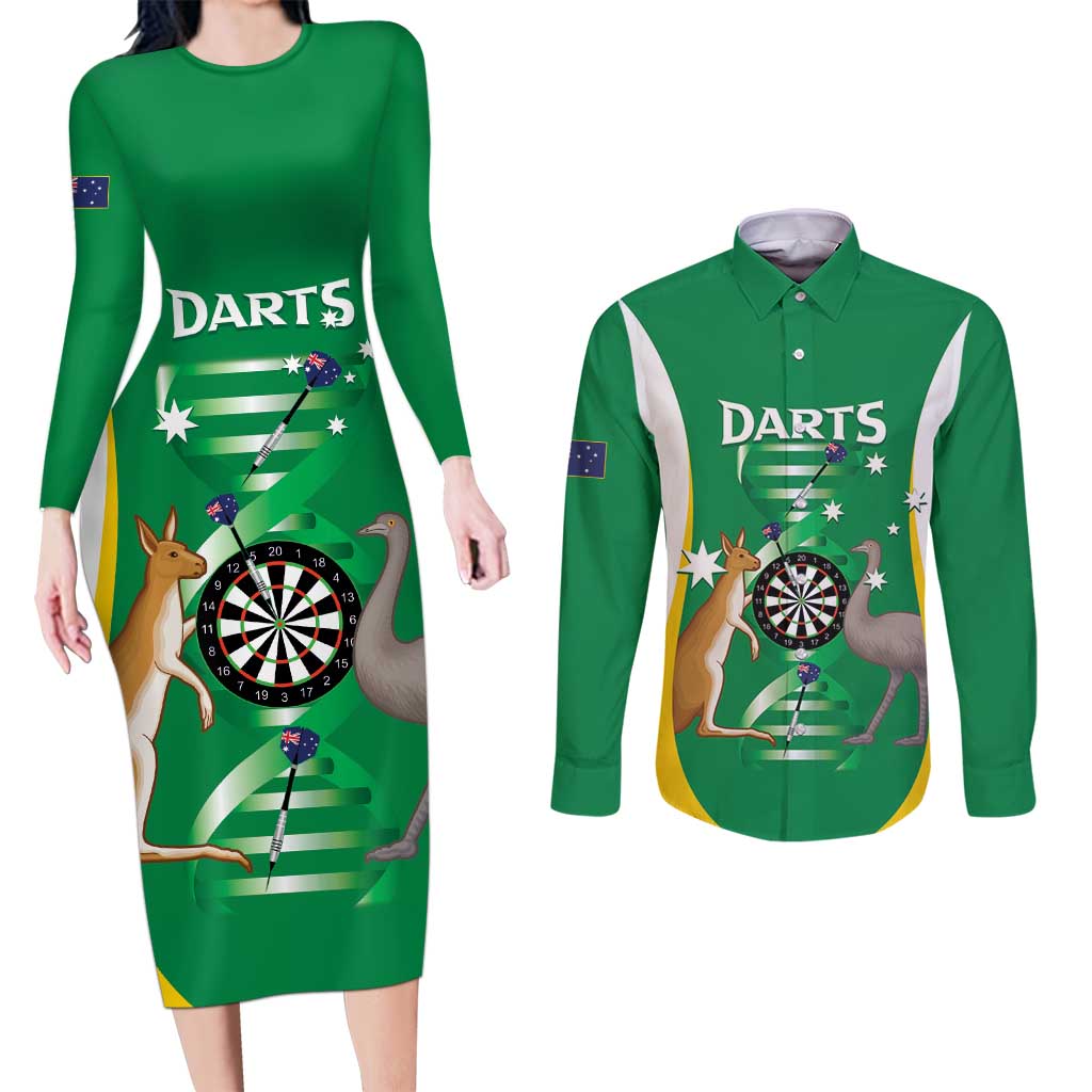 Personalised Australia Darts Couples Matching Long Sleeve Bodycon Dress and Long Sleeve Button Shirt Aussie Its In My DNA National Color - Aussie Hoodie