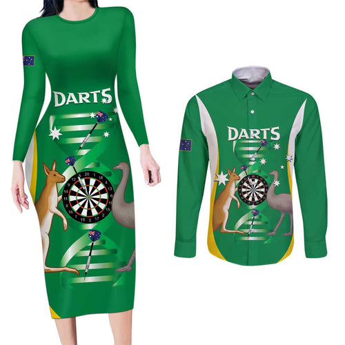 Personalised Australia Darts Couples Matching Long Sleeve Bodycon Dress and Long Sleeve Button Shirt Aussie Its In My DNA National Color - Aussie Hoodie