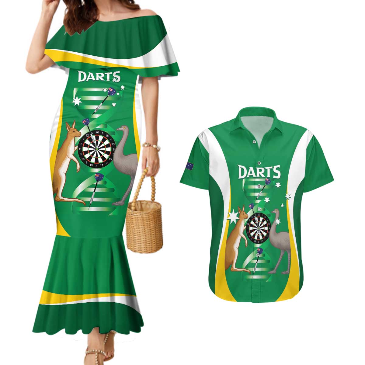 Personalised Australia Darts Couples Matching Mermaid Dress and Hawaiian Shirt Aussie Its In My DNA National Color - Aussie Hoodie