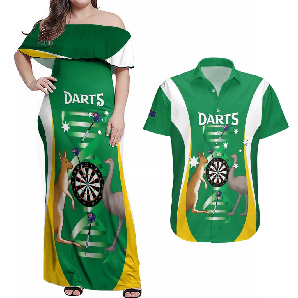 Personalised Australia Darts Couples Matching Off Shoulder Maxi Dress and Hawaiian Shirt Aussie Its In My DNA National Color - Aussie Hoodie