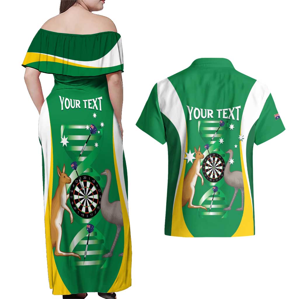 Personalised Australia Darts Couples Matching Off Shoulder Maxi Dress and Hawaiian Shirt Aussie Its In My DNA National Color - Aussie Hoodie