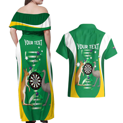 Personalised Australia Darts Couples Matching Off Shoulder Maxi Dress and Hawaiian Shirt Aussie Its In My DNA National Color - Aussie Hoodie
