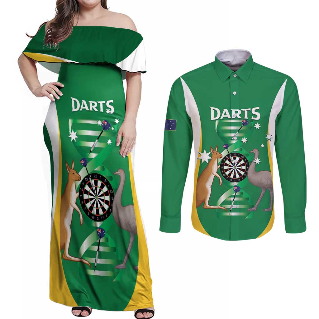 Personalised Australia Darts Couples Matching Off Shoulder Maxi Dress and Long Sleeve Button Shirt Aussie Its In My DNA National Color - Aussie Hoodie