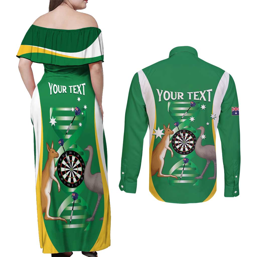 Personalised Australia Darts Couples Matching Off Shoulder Maxi Dress and Long Sleeve Button Shirt Aussie Its In My DNA National Color - Aussie Hoodie
