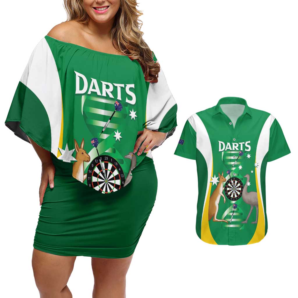 Personalised Australia Darts Couples Matching Off Shoulder Short Dress and Hawaiian Shirt Aussie Its In My DNA National Color - Aussie Hoodie