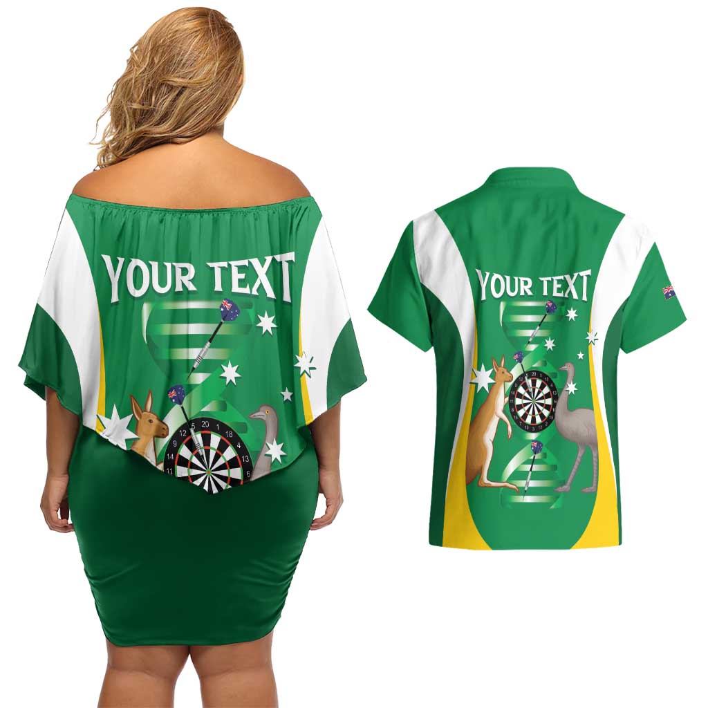 Personalised Australia Darts Couples Matching Off Shoulder Short Dress and Hawaiian Shirt Aussie Its In My DNA National Color - Aussie Hoodie
