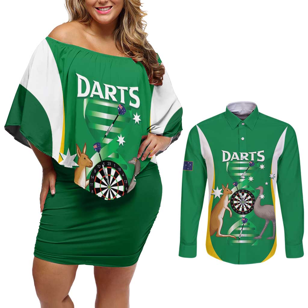 Personalised Australia Darts Couples Matching Off Shoulder Short Dress and Long Sleeve Button Shirt Aussie Its In My DNA National Color - Aussie Hoodie