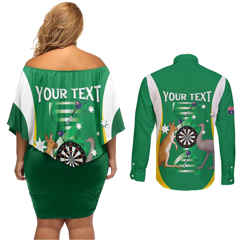 Personalised Australia Darts Couples Matching Off Shoulder Short Dress and Long Sleeve Button Shirt Aussie Its In My DNA National Color - Aussie Hoodie