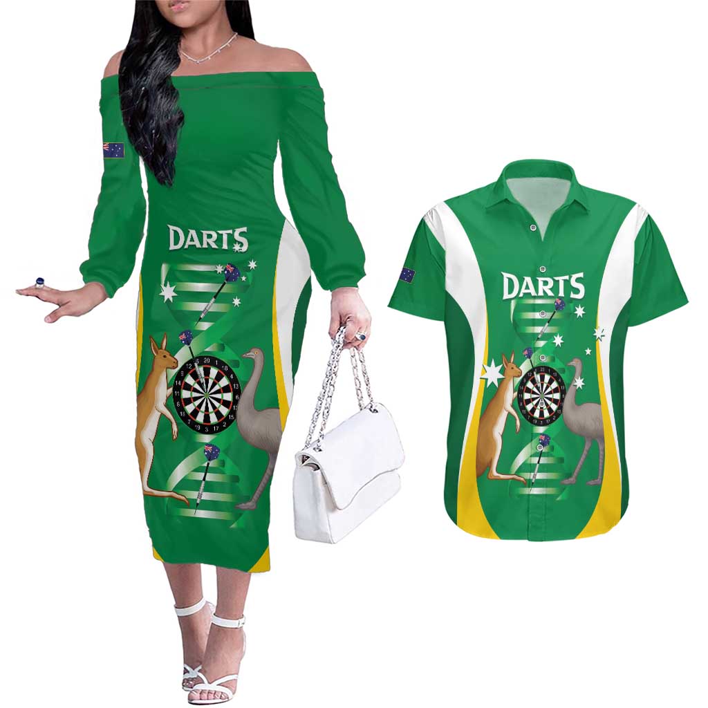 Personalised Australia Darts Couples Matching Off The Shoulder Long Sleeve Dress and Hawaiian Shirt Aussie Its In My DNA National Color - Aussie Hoodie