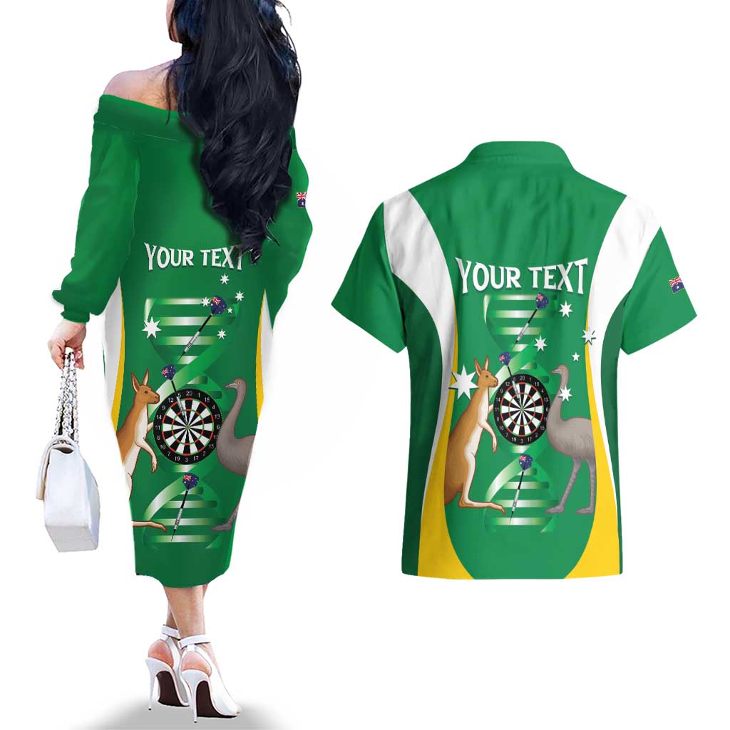 Personalised Australia Darts Couples Matching Off The Shoulder Long Sleeve Dress and Hawaiian Shirt Aussie Its In My DNA National Color - Aussie Hoodie