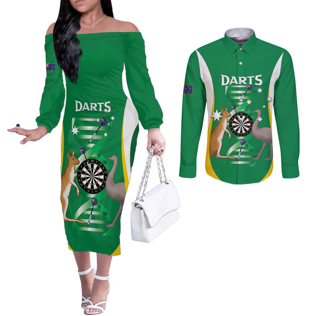 Personalised Australia Darts Couples Matching Off The Shoulder Long Sleeve Dress and Long Sleeve Button Shirt Aussie Its In My DNA National Color - Aussie Hoodie