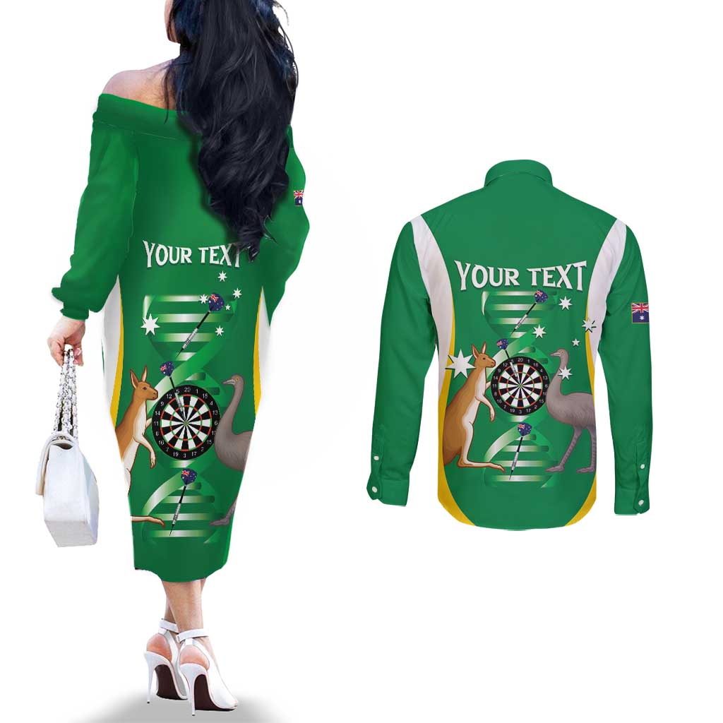 Personalised Australia Darts Couples Matching Off The Shoulder Long Sleeve Dress and Long Sleeve Button Shirt Aussie Its In My DNA National Color - Aussie Hoodie
