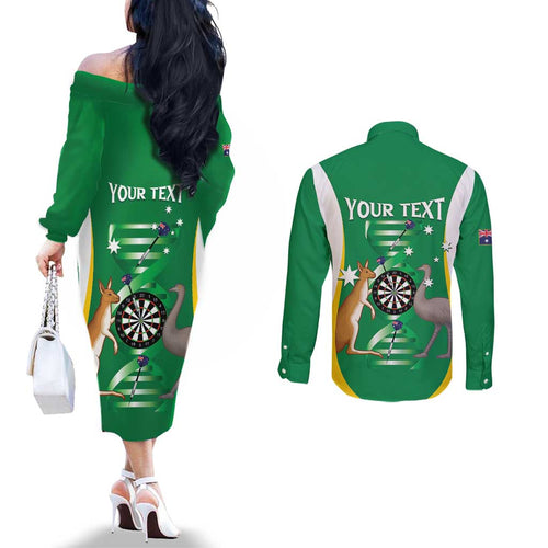 Personalised Australia Darts Couples Matching Off The Shoulder Long Sleeve Dress and Long Sleeve Button Shirt Aussie Its In My DNA National Color - Aussie Hoodie