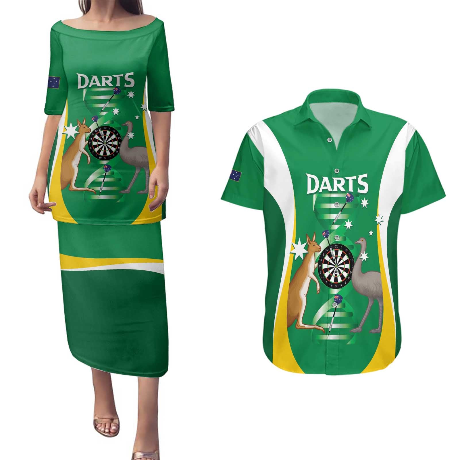 Personalised Australia Darts Couples Matching Puletasi and Hawaiian Shirt Aussie Its In My DNA National Color - Aussie Hoodie
