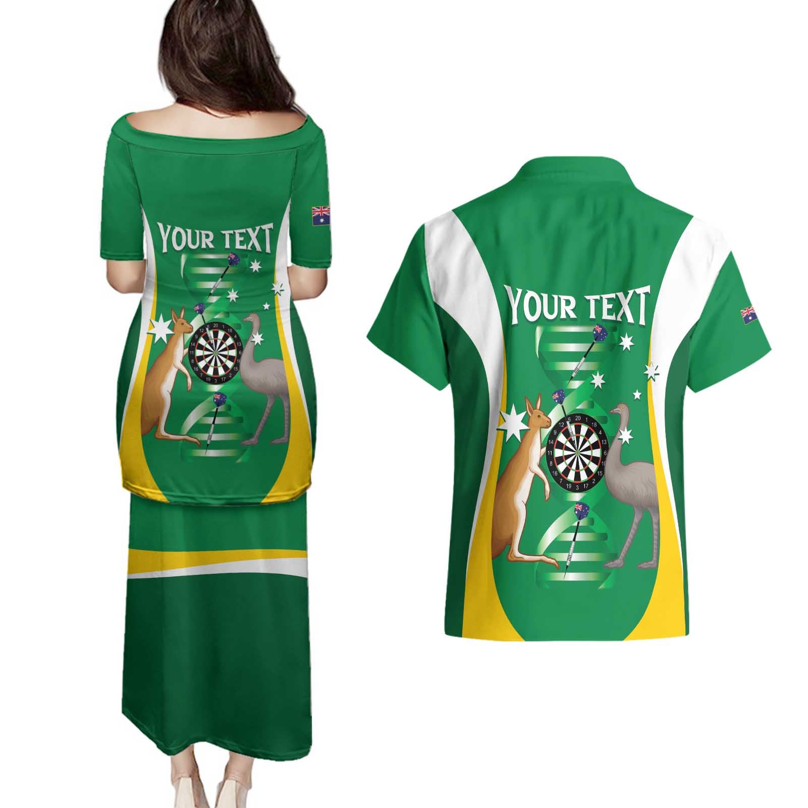 Personalised Australia Darts Couples Matching Puletasi and Hawaiian Shirt Aussie Its In My DNA National Color - Aussie Hoodie