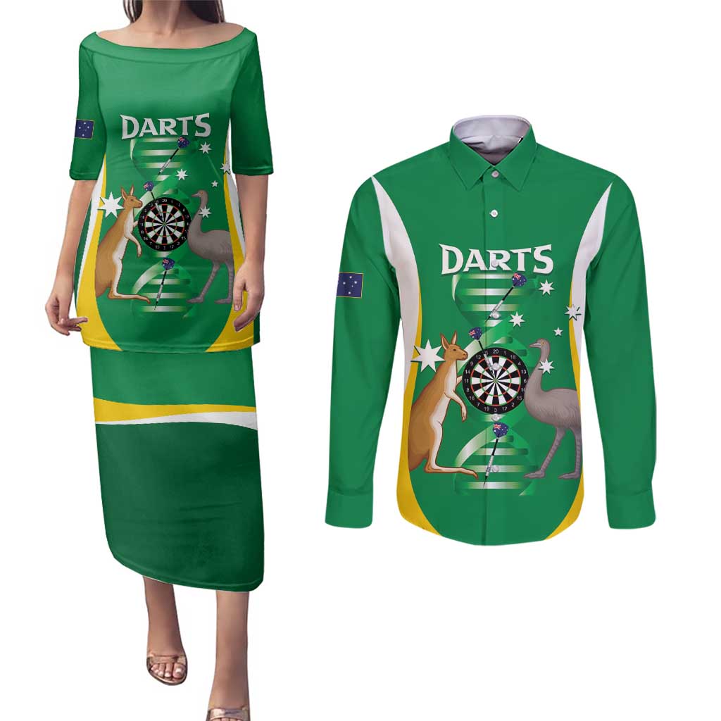 Personalised Australia Darts Couples Matching Puletasi and Long Sleeve Button Shirt Aussie Its In My DNA National Color - Aussie Hoodie