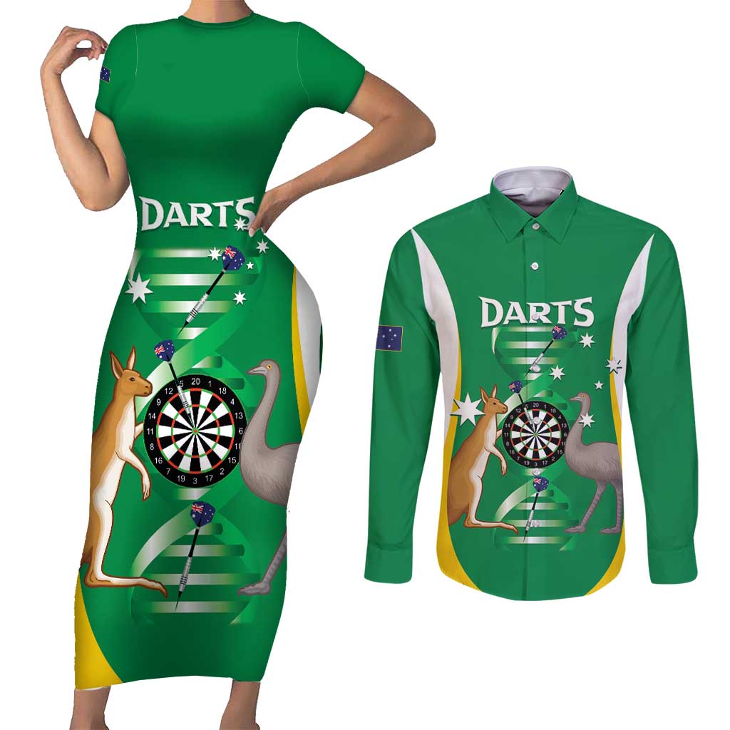 Personalised Australia Darts Couples Matching Short Sleeve Bodycon Dress and Long Sleeve Button Shirt Aussie Its In My DNA National Color - Aussie Hoodie