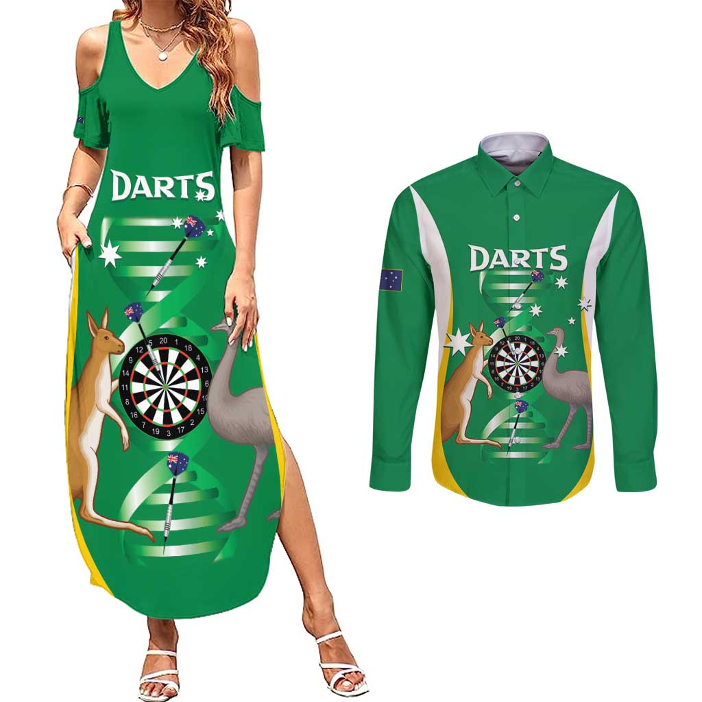 Personalised Australia Darts Couples Matching Summer Maxi Dress and Long Sleeve Button Shirt Aussie Its In My DNA National Color - Aussie Hoodie