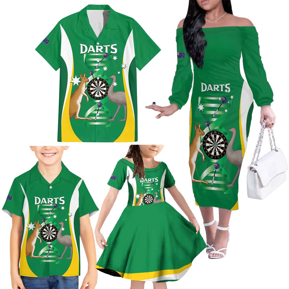 Personalised Australia Darts Family Matching Off The Shoulder Long Sleeve Dress and Hawaiian Shirt Aussie Its In My DNA National Color - Aussie Hoodie