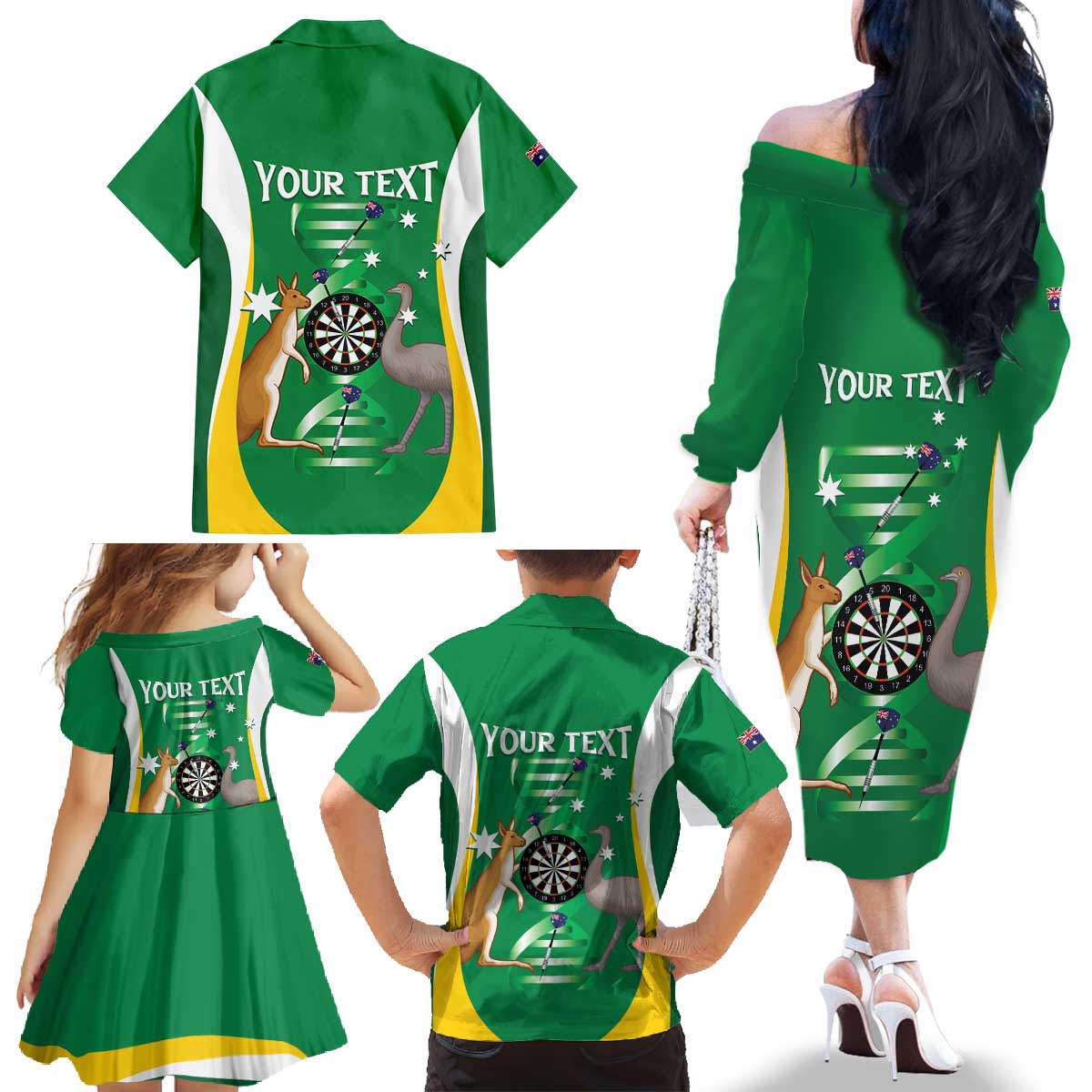 Personalised Australia Darts Family Matching Off The Shoulder Long Sleeve Dress and Hawaiian Shirt Aussie Its In My DNA National Color - Aussie Hoodie