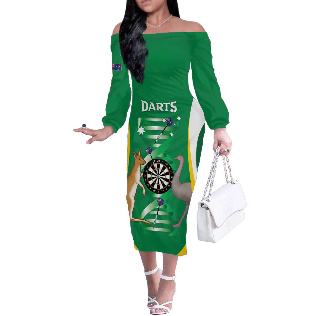Personalised Australia Darts Family Matching Off The Shoulder Long Sleeve Dress and Hawaiian Shirt Aussie Its In My DNA National Color - Aussie Hoodie