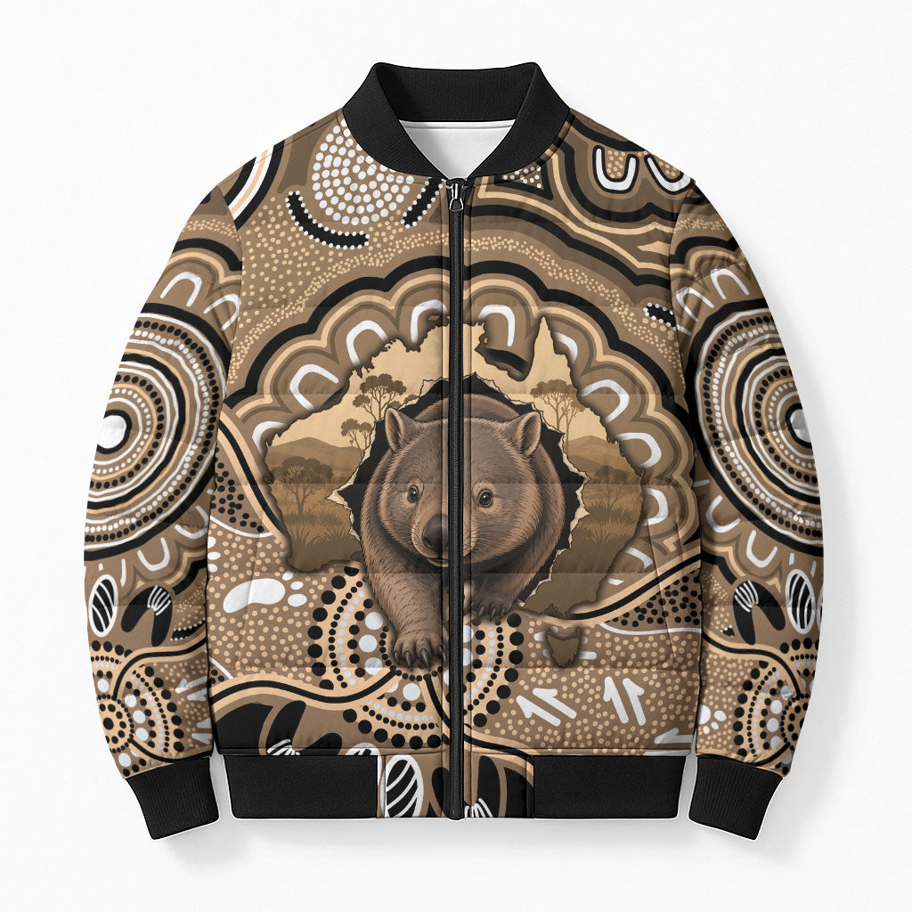 Personalised Australia Wombat Bomber Puffer Jacket Aussie Map Indigenous Art