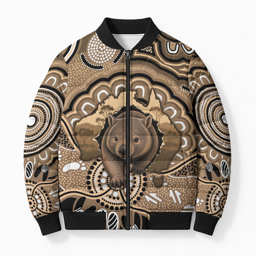 Personalised Australia Wombat Bomber Puffer Jacket Aussie Map Indigenous Art