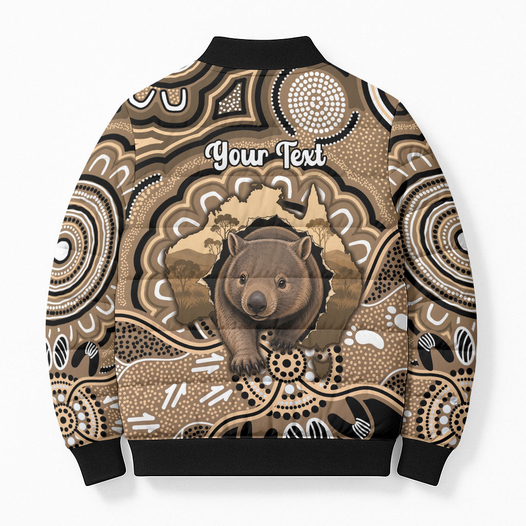 Personalised Australia Wombat Bomber Puffer Jacket Aussie Map Indigenous Art