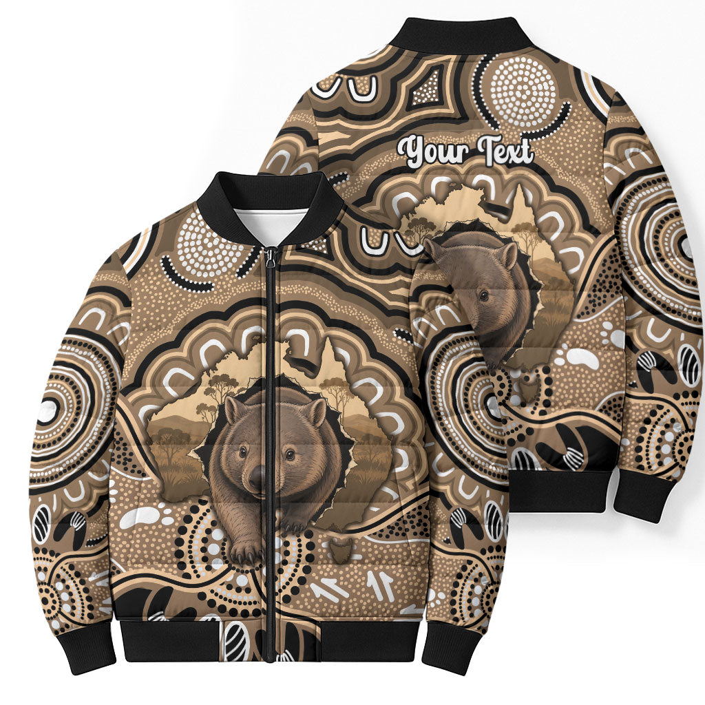 Personalised Australia Wombat Bomber Puffer Jacket Aussie Map Indigenous Art