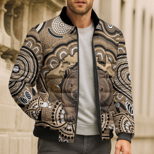 Personalised Australia Wombat Bomber Puffer Jacket Aussie Map Indigenous Art