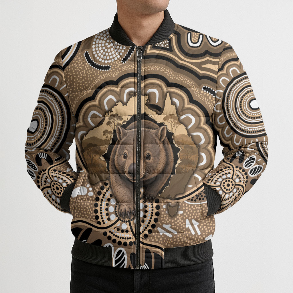 Personalised Australia Wombat Bomber Puffer Jacket Aussie Map Indigenous Art