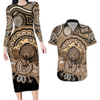 Personalised Australia Wombat Couples Matching Long Sleeve Bodycon Dress and Hawaiian Shirt Aussie Map Indigenous Art