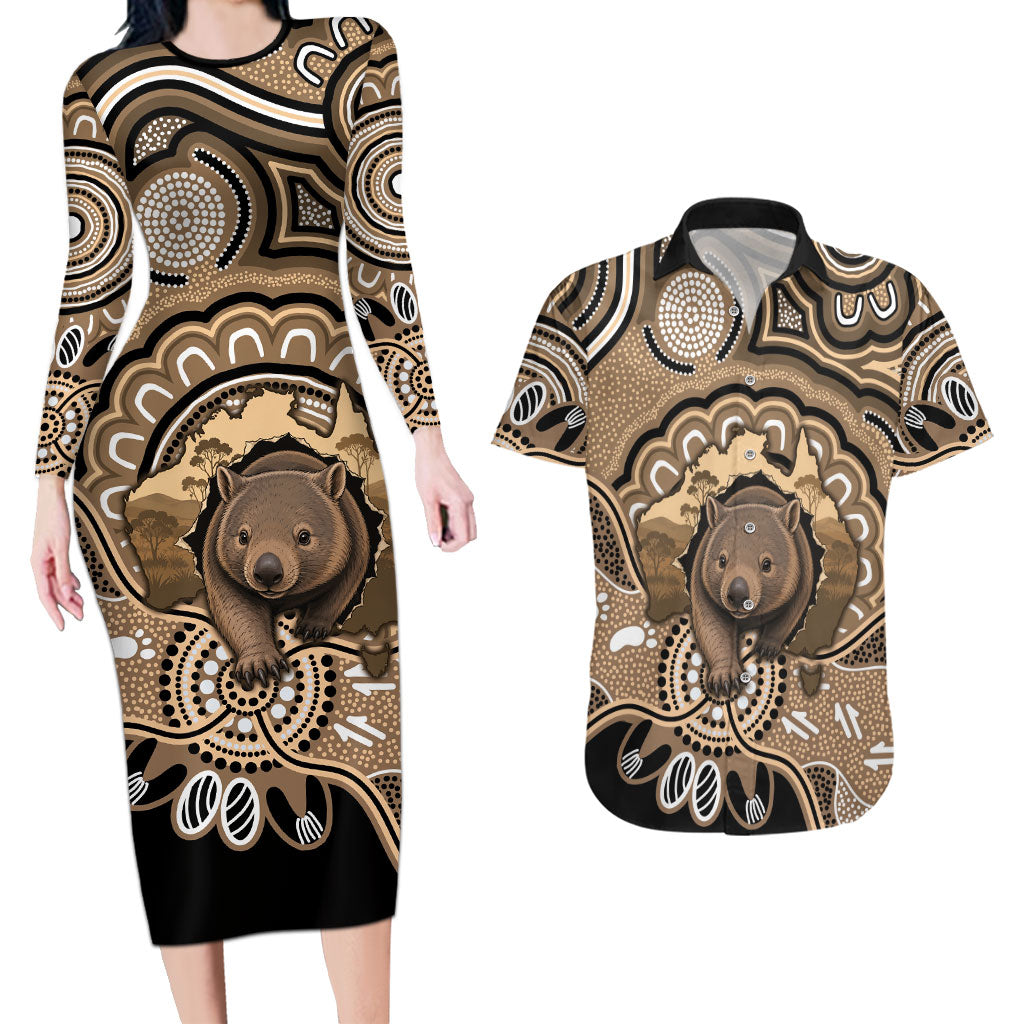 Personalised Australia Wombat Couples Matching Long Sleeve Bodycon Dress and Hawaiian Shirt Aussie Map Indigenous Art