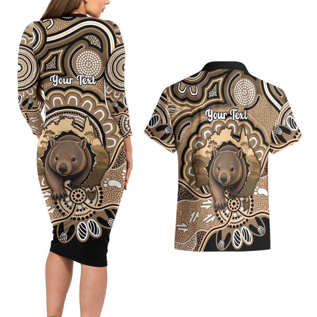 Personalised Australia Wombat Couples Matching Long Sleeve Bodycon Dress and Hawaiian Shirt Aussie Map Indigenous Art