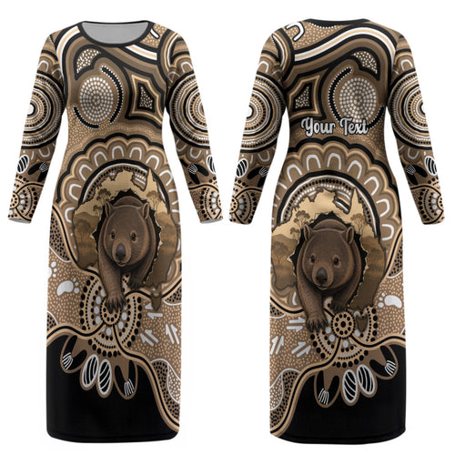 Personalised Australia Wombat Couples Matching Long Sleeve Bodycon Dress and Hawaiian Shirt Aussie Map Indigenous Art LT14
