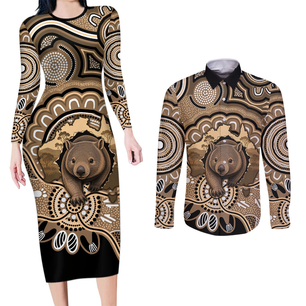 Personalised Australia Wombat Couples Matching Long Sleeve Bodycon Dress and Long Sleeve Button Shirt Aussie Map Indigenous Art